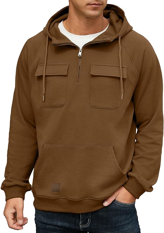 Men's Cargo Hoodies Quarter Zip Sweatshirts Tactical Pullover Casual Gym Athletic Loose Hooded Sweatshirts